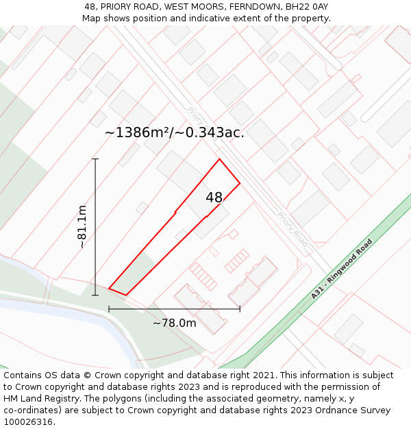 48, PRIORY ROAD, WEST MOORS, FERNDOWN, BH22 0AY: Plot and title map