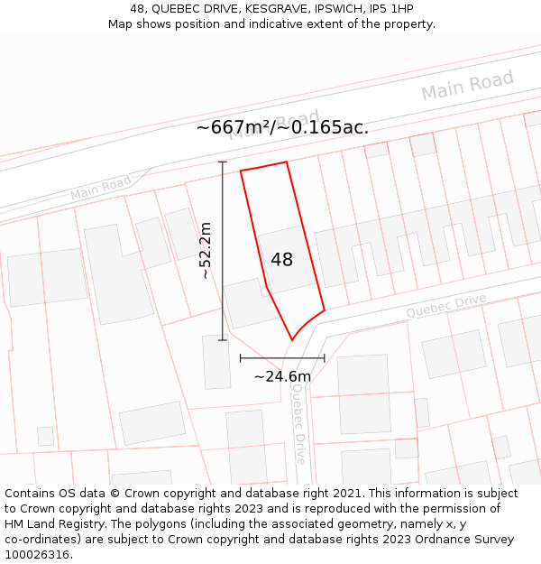 48, QUEBEC DRIVE, KESGRAVE, IPSWICH, IP5 1HP: Plot and title map