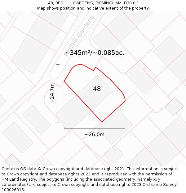 48, REDHILL GARDENS, BIRMINGHAM, B38 8JF: Plot and title map