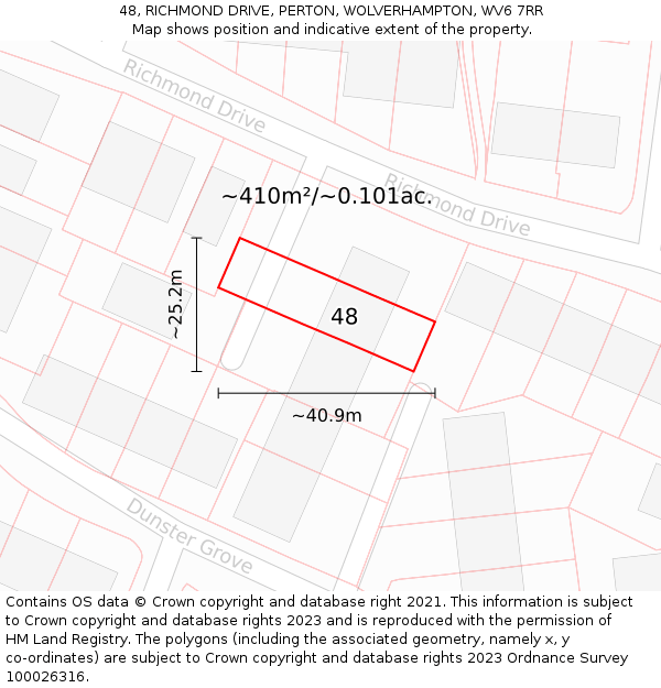 48, RICHMOND DRIVE, PERTON, WOLVERHAMPTON, WV6 7RR: Plot and title map