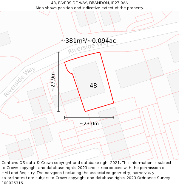 48, RIVERSIDE WAY, BRANDON, IP27 0AN: Plot and title map