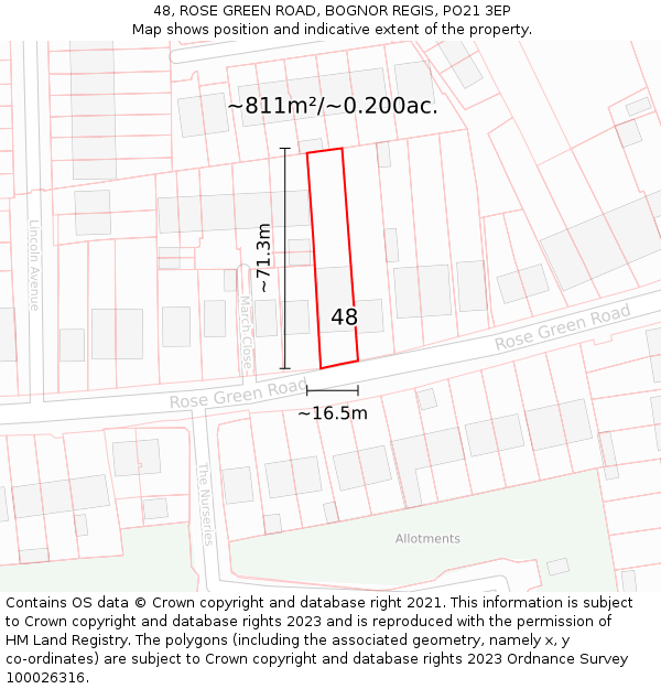 48, ROSE GREEN ROAD, BOGNOR REGIS, PO21 3EP: Plot and title map