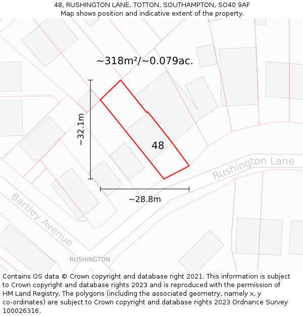 48, RUSHINGTON LANE, TOTTON, SOUTHAMPTON, SO40 9AF: Plot and title map