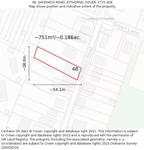 48, SANDWICH ROAD, EYTHORNE, DOVER, CT15 4DE: Plot and title map