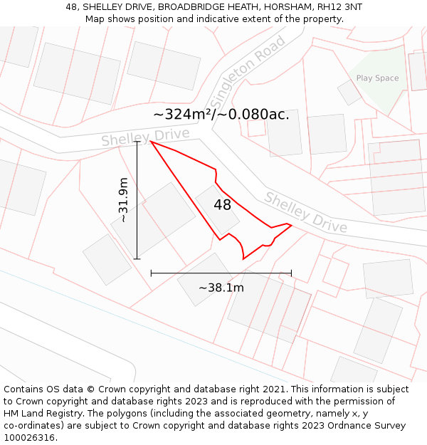 48, SHELLEY DRIVE, BROADBRIDGE HEATH, HORSHAM, RH12 3NT: Plot and title map