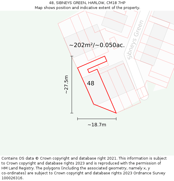 48, SIBNEYS GREEN, HARLOW, CM18 7HP: Plot and title map