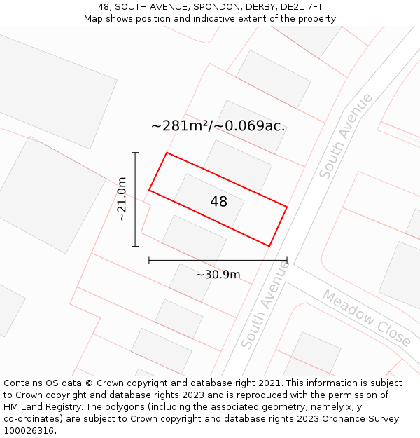 48, SOUTH AVENUE, SPONDON, DERBY, DE21 7FT: Plot and title map