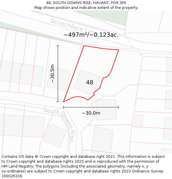 48, SOUTH DOWNS RISE, HAVANT, PO9 3FA: Plot and title map