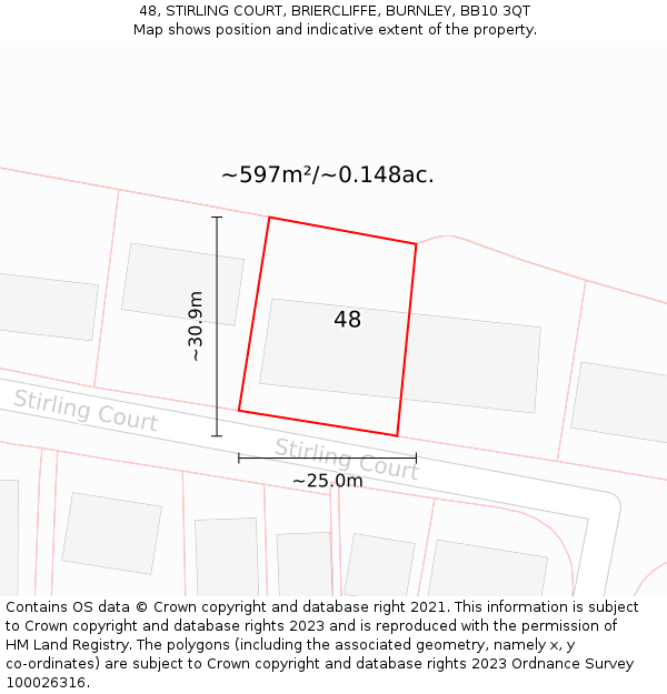 48, STIRLING COURT, BRIERCLIFFE, BURNLEY, BB10 3QT: Plot and title map