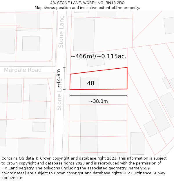 48, STONE LANE, WORTHING, BN13 2BQ: Plot and title map