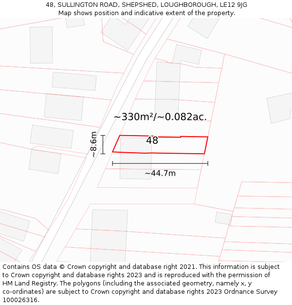 48, SULLINGTON ROAD, SHEPSHED, LOUGHBOROUGH, LE12 9JG: Plot and title map