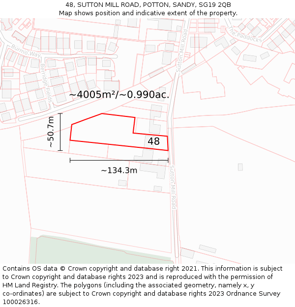 48, SUTTON MILL ROAD, POTTON, SANDY, SG19 2QB: Plot and title map