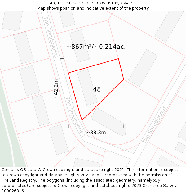 48, THE SHRUBBERIES, COVENTRY, CV4 7EF: Plot and title map