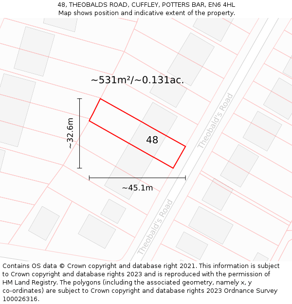 48, THEOBALDS ROAD, CUFFLEY, POTTERS BAR, EN6 4HL: Plot and title map