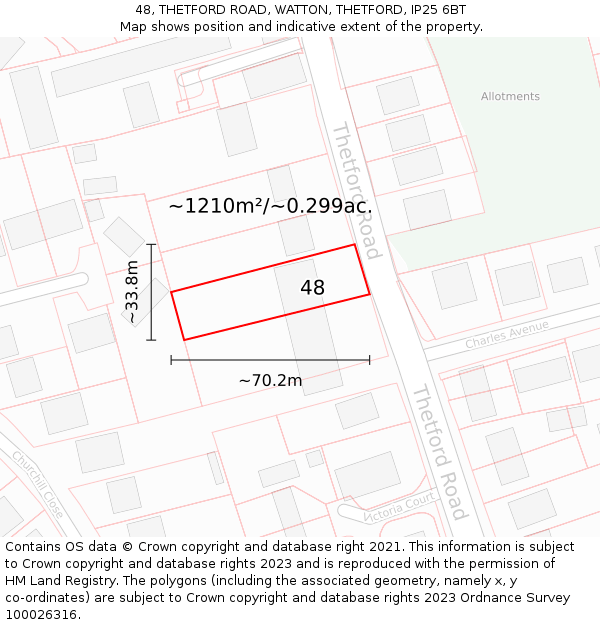 48, THETFORD ROAD, WATTON, THETFORD, IP25 6BT: Plot and title map