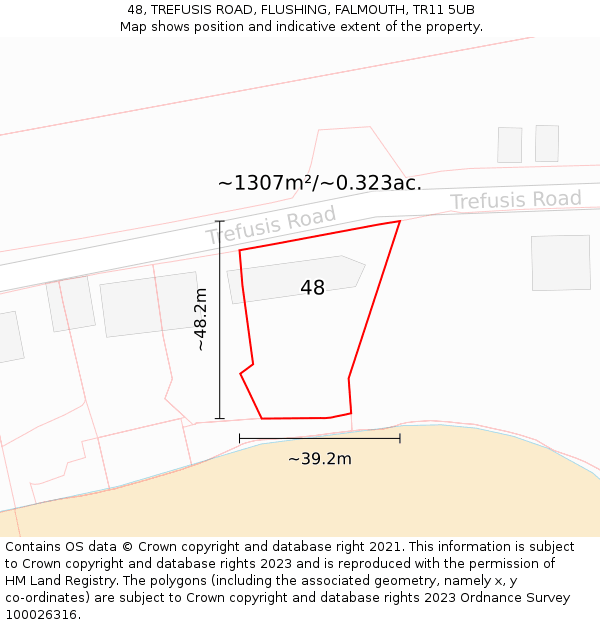 48, TREFUSIS ROAD, FLUSHING, FALMOUTH, TR11 5UB: Plot and title map