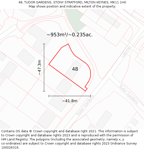 48, TUDOR GARDENS, STONY STRATFORD, MILTON KEYNES, MK11 1HX: Plot and title map