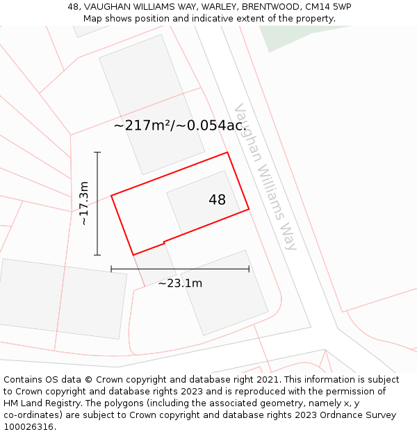 48, VAUGHAN WILLIAMS WAY, WARLEY, BRENTWOOD, CM14 5WP: Plot and title map