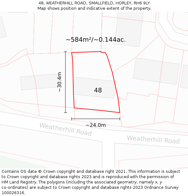 48, WEATHERHILL ROAD, SMALLFIELD, HORLEY, RH6 9LY: Plot and title map