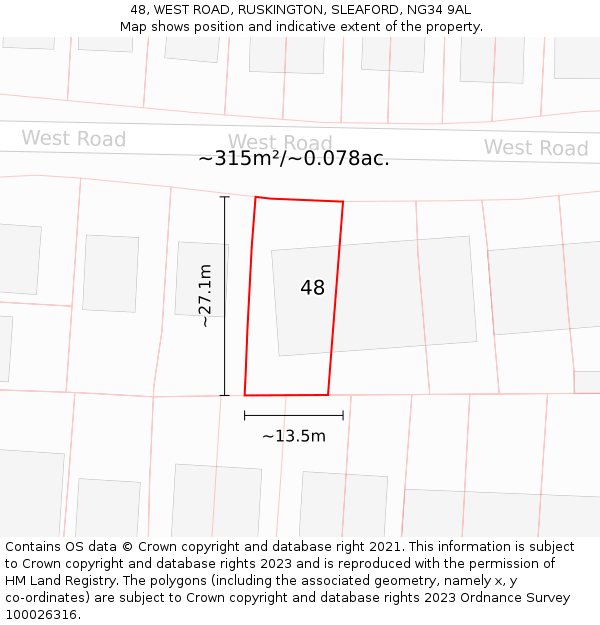 48, WEST ROAD, RUSKINGTON, SLEAFORD, NG34 9AL: Plot and title map