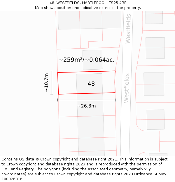 48, WESTFIELDS, HARTLEPOOL, TS25 4BF: Plot and title map