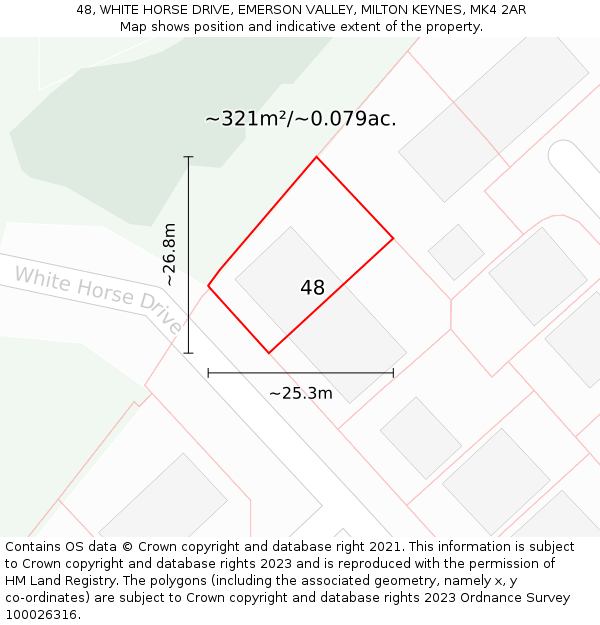 48, WHITE HORSE DRIVE, EMERSON VALLEY, MILTON KEYNES, MK4 2AR: Plot and title map