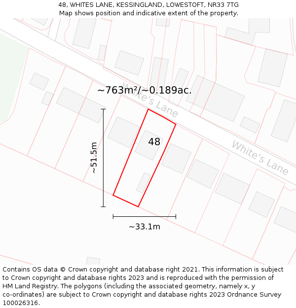 48, WHITES LANE, KESSINGLAND, LOWESTOFT, NR33 7TG: Plot and title map