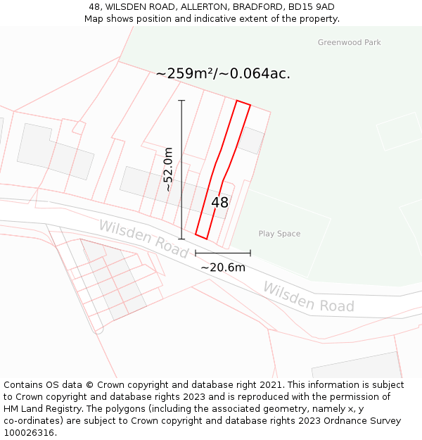 48, WILSDEN ROAD, ALLERTON, BRADFORD, BD15 9AD: Plot and title map