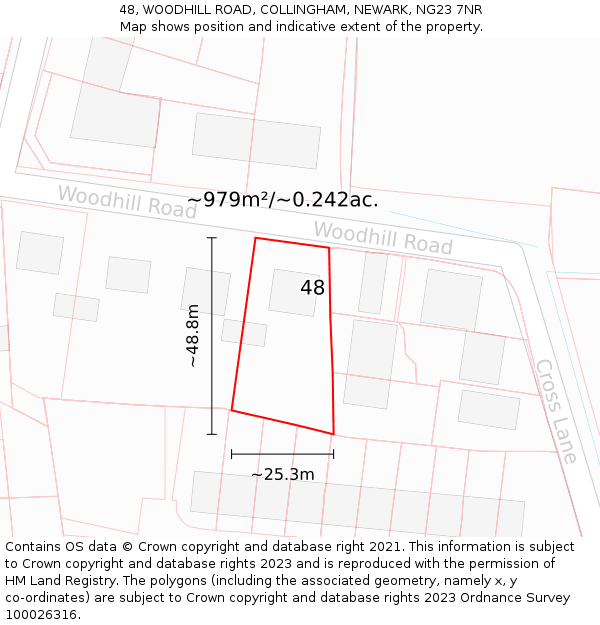 48, WOODHILL ROAD, COLLINGHAM, NEWARK, NG23 7NR: Plot and title map