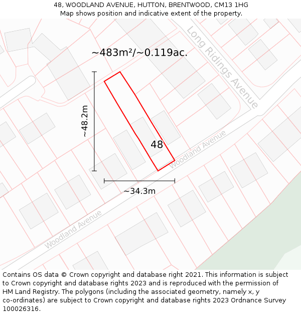 48, WOODLAND AVENUE, HUTTON, BRENTWOOD, CM13 1HG: Plot and title map