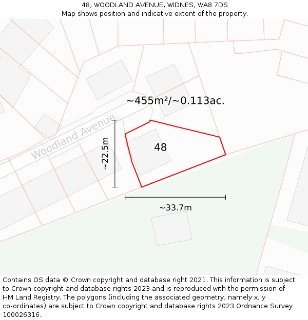 48, WOODLAND AVENUE, WIDNES, WA8 7DS: Plot and title map