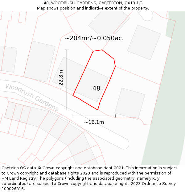 48, WOODRUSH GARDENS, CARTERTON, OX18 1JE: Plot and title map