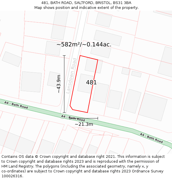 481, BATH ROAD, SALTFORD, BRISTOL, BS31 3BA: Plot and title map