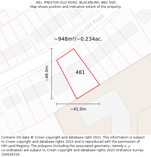 481, PRESTON OLD ROAD, BLACKBURN, BB2 5ND: Plot and title map