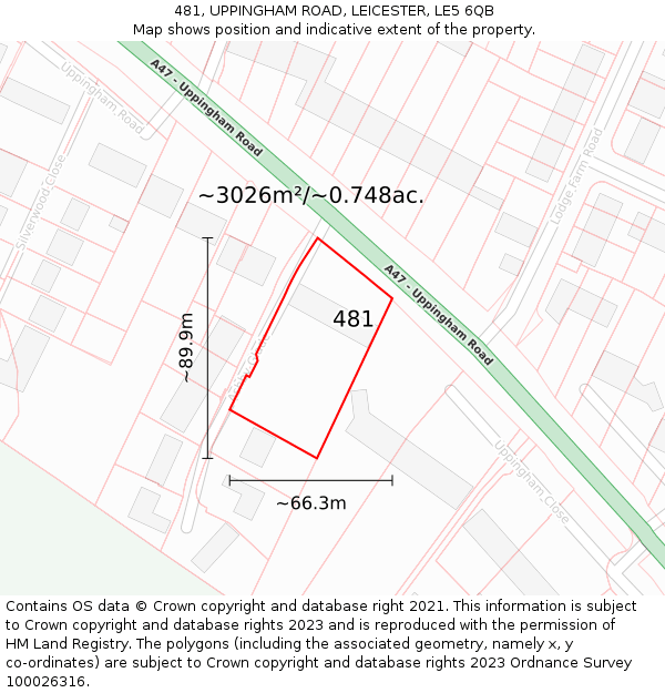 481, UPPINGHAM ROAD, LEICESTER, LE5 6QB: Plot and title map