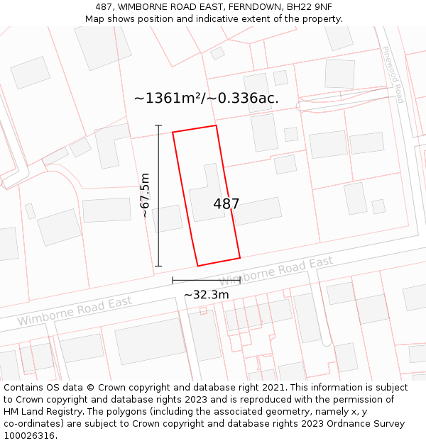 487, WIMBORNE ROAD EAST, FERNDOWN, BH22 9NF: Plot and title map