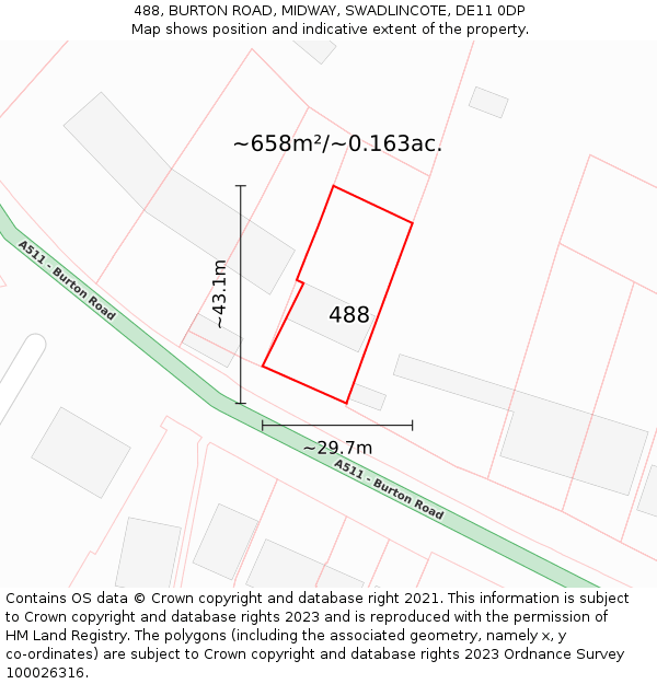 488, BURTON ROAD, MIDWAY, SWADLINCOTE, DE11 0DP: Plot and title map