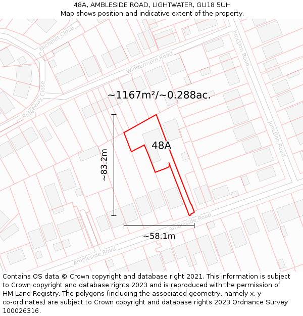 48A, AMBLESIDE ROAD, LIGHTWATER, GU18 5UH: Plot and title map