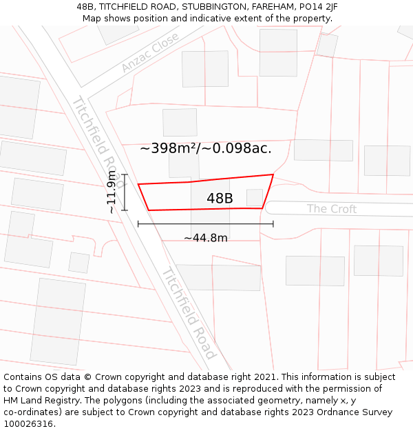 48B, TITCHFIELD ROAD, STUBBINGTON, FAREHAM, PO14 2JF: Plot and title map