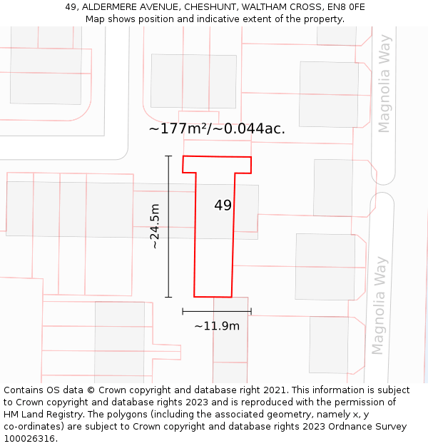 49, ALDERMERE AVENUE, CHESHUNT, WALTHAM CROSS, EN8 0FE: Plot and title map