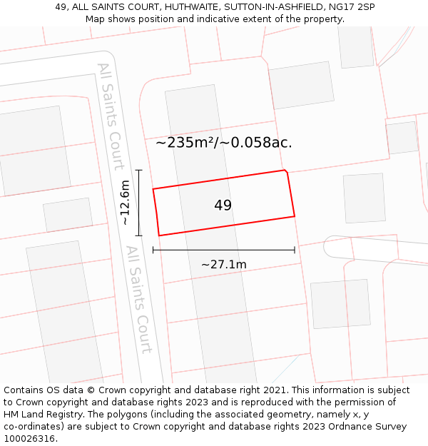 49, ALL SAINTS COURT, HUTHWAITE, SUTTON-IN-ASHFIELD, NG17 2SP: Plot and title map