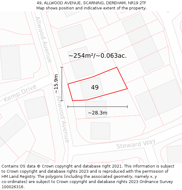 49, ALLWOOD AVENUE, SCARNING, DEREHAM, NR19 2TF: Plot and title map