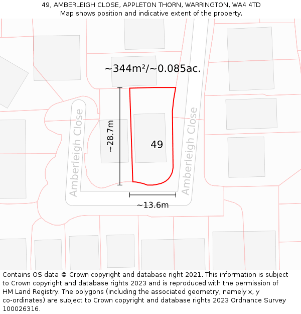 49, AMBERLEIGH CLOSE, APPLETON THORN, WARRINGTON, WA4 4TD: Plot and title map