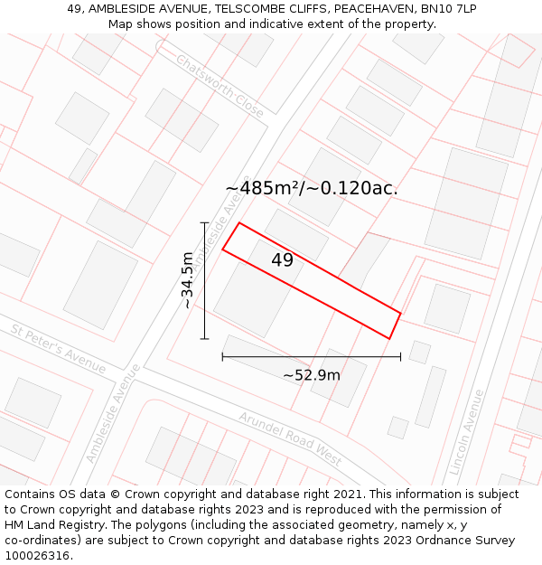 49, AMBLESIDE AVENUE, TELSCOMBE CLIFFS, PEACEHAVEN, BN10 7LP: Plot and title map