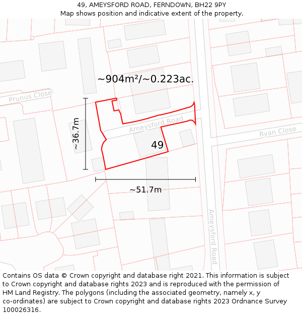 49, AMEYSFORD ROAD, FERNDOWN, BH22 9PY: Plot and title map