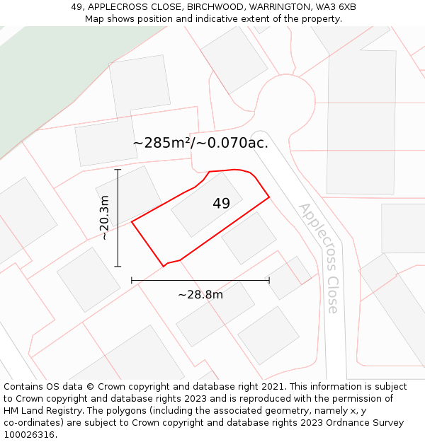 49, APPLECROSS CLOSE, BIRCHWOOD, WARRINGTON, WA3 6XB: Plot and title map