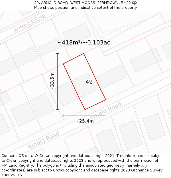 49, ARNOLD ROAD, WEST MOORS, FERNDOWN, BH22 0JX: Plot and title map