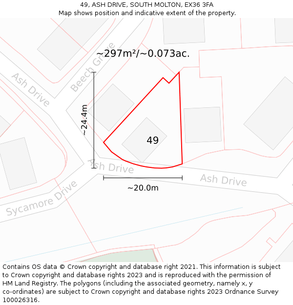 49, ASH DRIVE, SOUTH MOLTON, EX36 3FA: Plot and title map