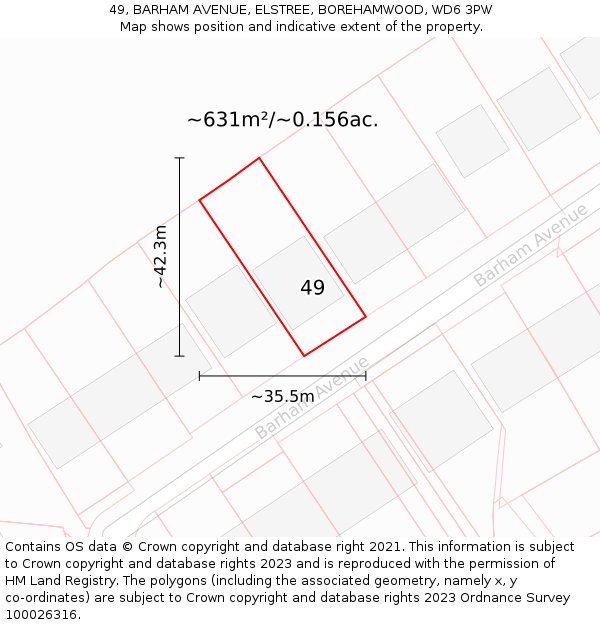 49, BARHAM AVENUE, ELSTREE, BOREHAMWOOD, WD6 3PW: Plot and title map