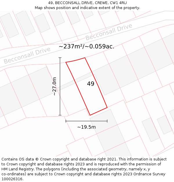 49, BECCONSALL DRIVE, CREWE, CW1 4RU: Plot and title map